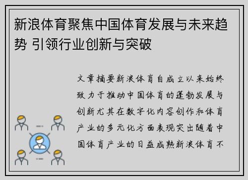新浪体育聚焦中国体育发展与未来趋势 引领行业创新与突破